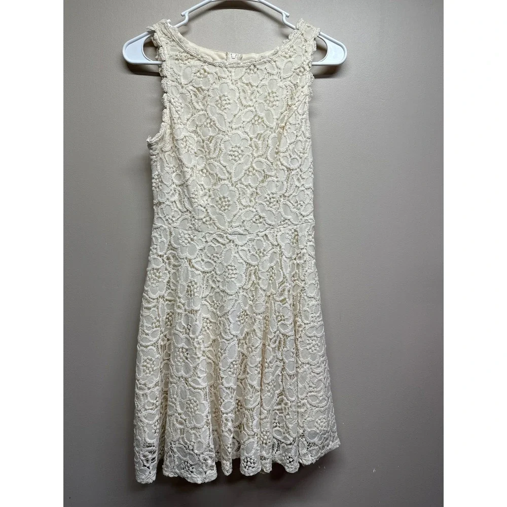cream lace fit and flare dress Cream Floral Lace Puff Sleeve Ruffle Hem Mini Dress main image 1